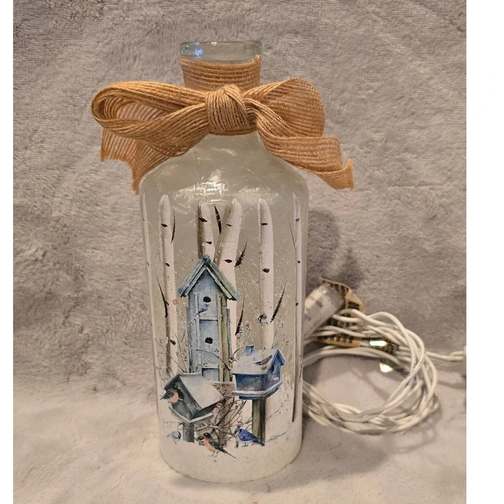 Frosted Glass Bottle Light Winter Birdhouse Birch Tree Scene Burlap Decor 7.75